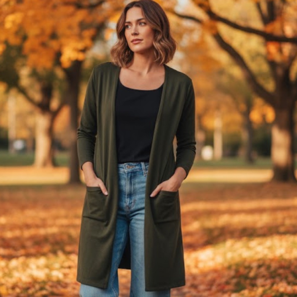 LulaRoe Sarah‎ Long Cardigan Duster Women’s XS Hunter Green Open Pockets NWT
